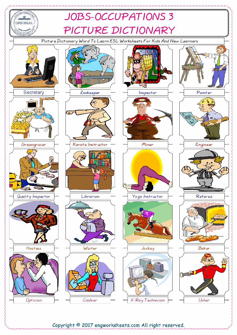 Jobs-Occupations English Worksheet for Kids ESL Printable Picture Dictionary 